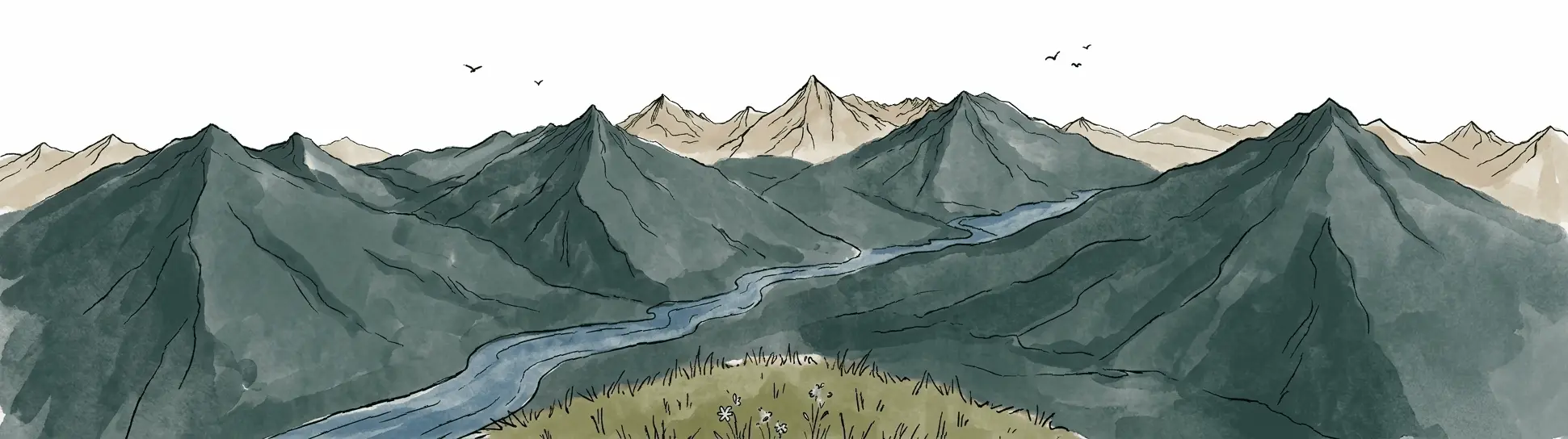 Hand-drawn illustration of a woman gazing out at the Himalaya